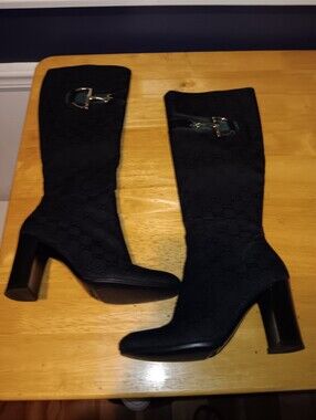 Gucci GG Monogram Canvas Horsebit Heeled Boots Size 35 1/2